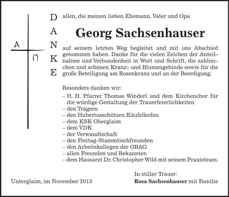 Traueranzeige Georg Sachsenhauser