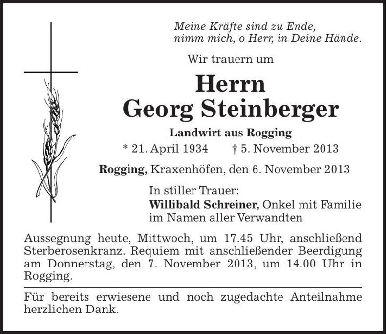 Traueranzeige Georg Steinberger
