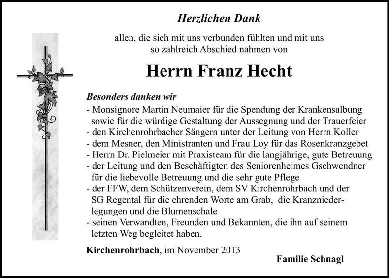 Traueranzeige Franz Hecht