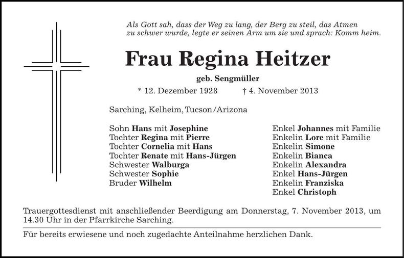 Traueranzeige Regina Heitzer