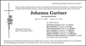 Traueranzeige Johanna Gartner
