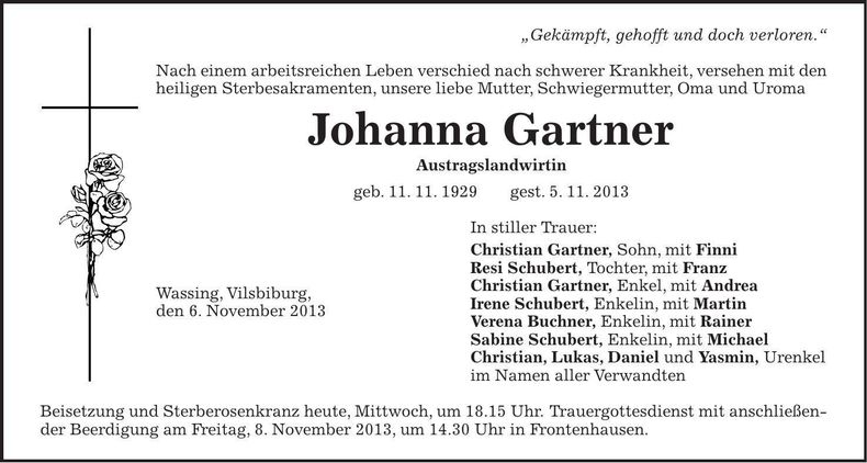 Traueranzeige Johanna Gartner