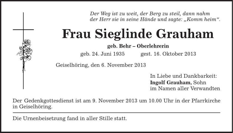 Traueranzeige Sieglinde Grauham