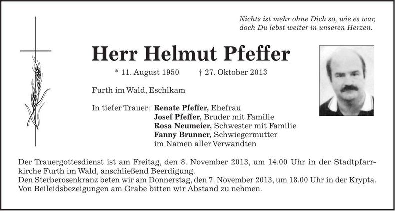 Traueranzeige Helmut Pfeffer