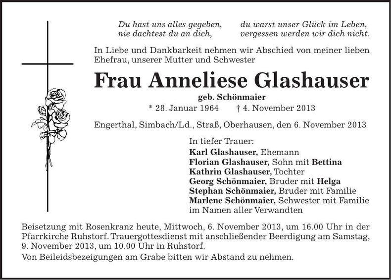 Traueranzeige Anneliese Glashauser