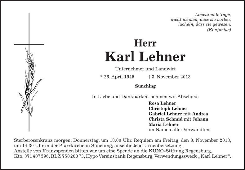 Traueranzeige Karl Lehner