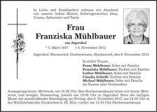 Traueranzeige Franziska Mühlbauer