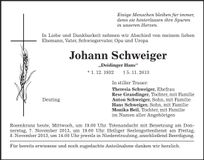 Traueranzeige Johann Schweiger