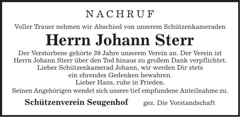 Traueranzeige Johann Sterr