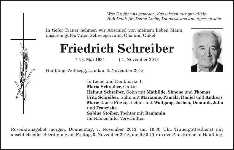 Traueranzeige Friedrich Schreiber