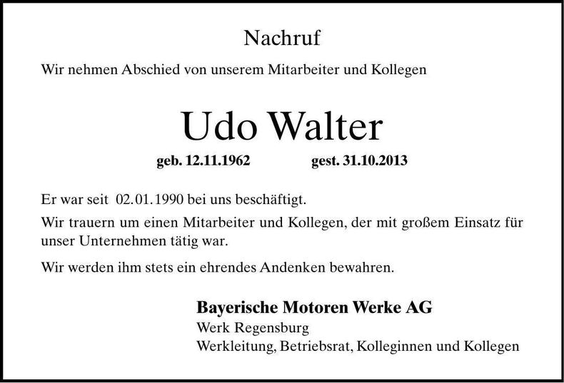 Traueranzeige Udo Walter