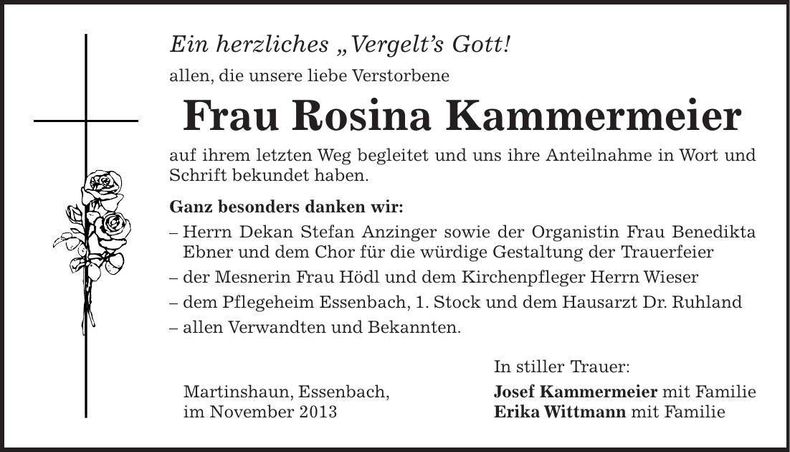 Traueranzeige Rosina Kammermeier
