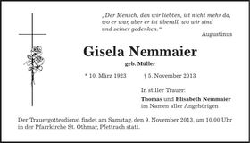 Traueranzeige Gisela Nemmaier