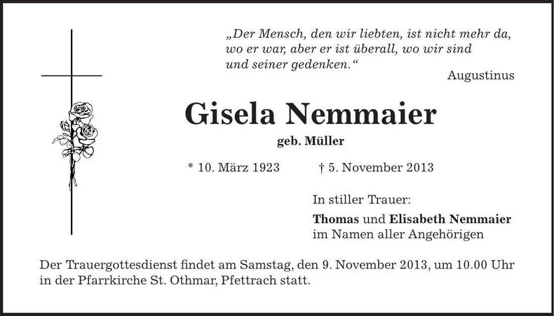 Traueranzeige Gisela Nemmaier