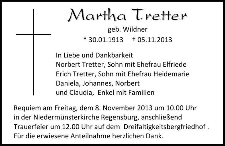 Traueranzeige Martha Tretter