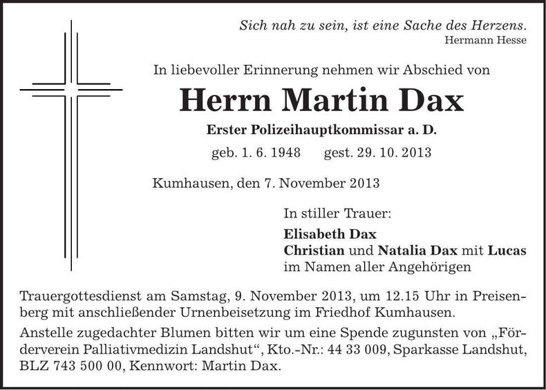 Traueranzeige Martin Dax