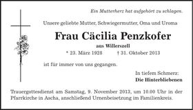 Traueranzeige Cäcilia Penzkofer