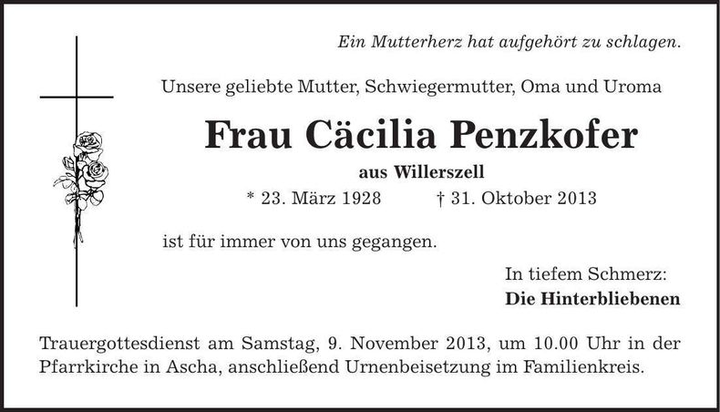 Traueranzeige Cäcilia Penzkofer