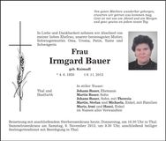 Traueranzeige Irmgard Bauer