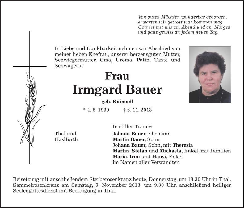 Traueranzeige Irmgard Bauer