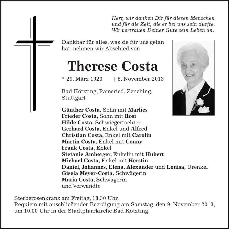Traueranzeige Therese Costa
