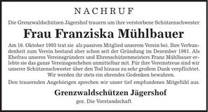 Traueranzeige Franziska Mühlbauer