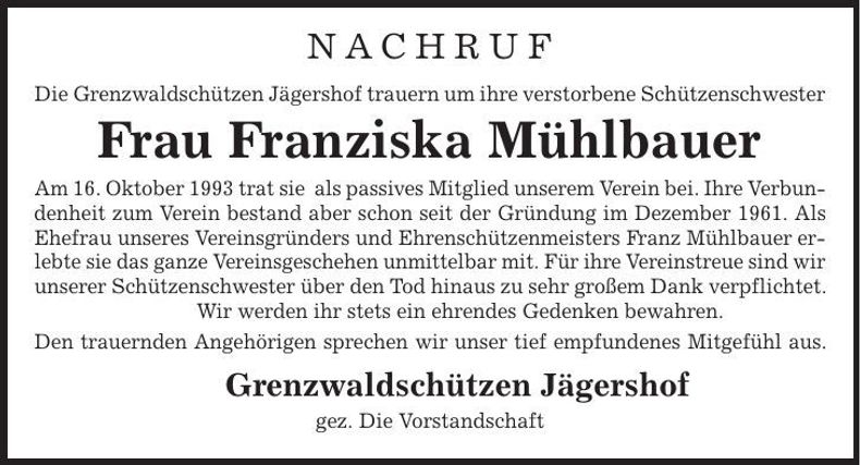 Traueranzeige Franziska Mühlbauer