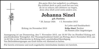 Traueranzeige Johann Sinel