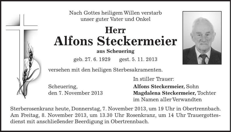 Traueranzeige Alfons Steckermeier