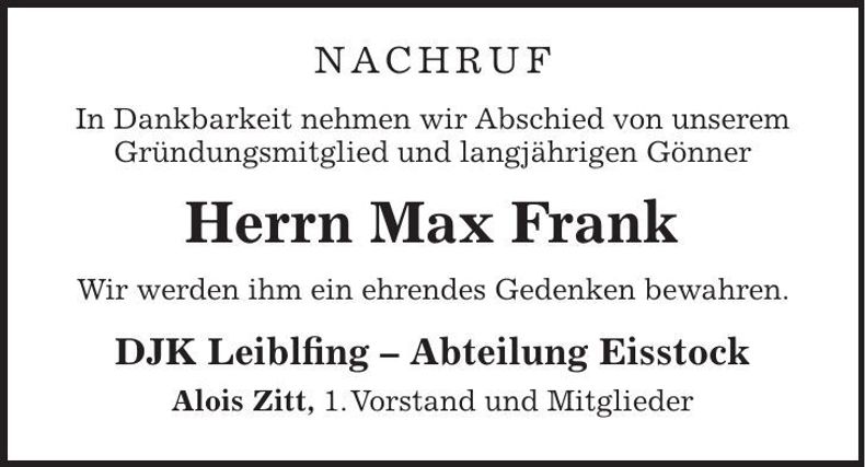 Traueranzeige Max Frank