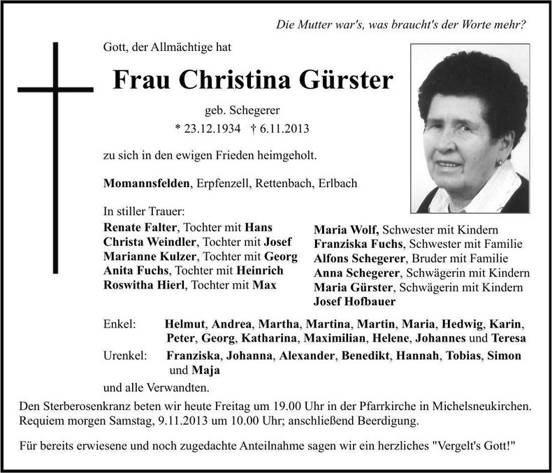 Traueranzeige Christina Gürster