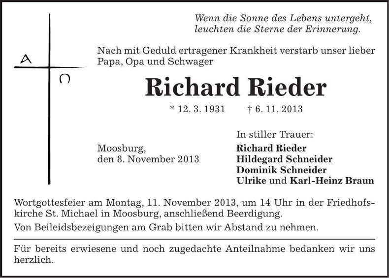 Traueranzeige Richard Rieder