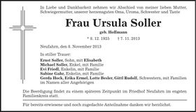 Traueranzeige Ursula Soller