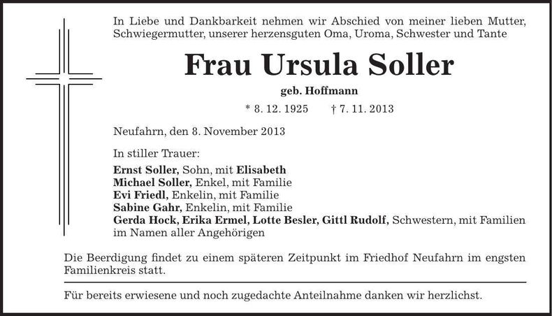 Traueranzeige Ursula Soller