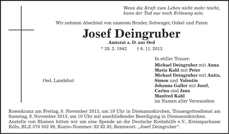 Traueranzeige Josef Deingruber