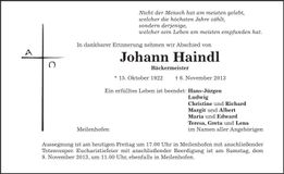Traueranzeige Johann Haindl