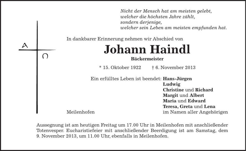 Traueranzeige Johann Haindl