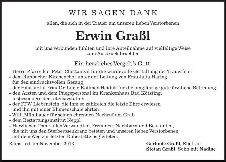 Traueranzeige Erwin Graßl