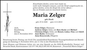 Traueranzeige Maria Zelger