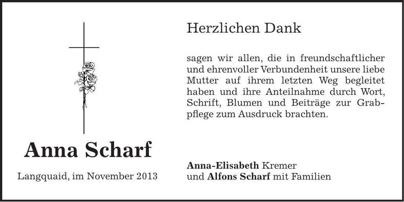 Traueranzeige Anna Scharf
