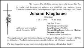Traueranzeige Johann Klugbauer