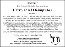 Traueranzeige Josef Deingruber