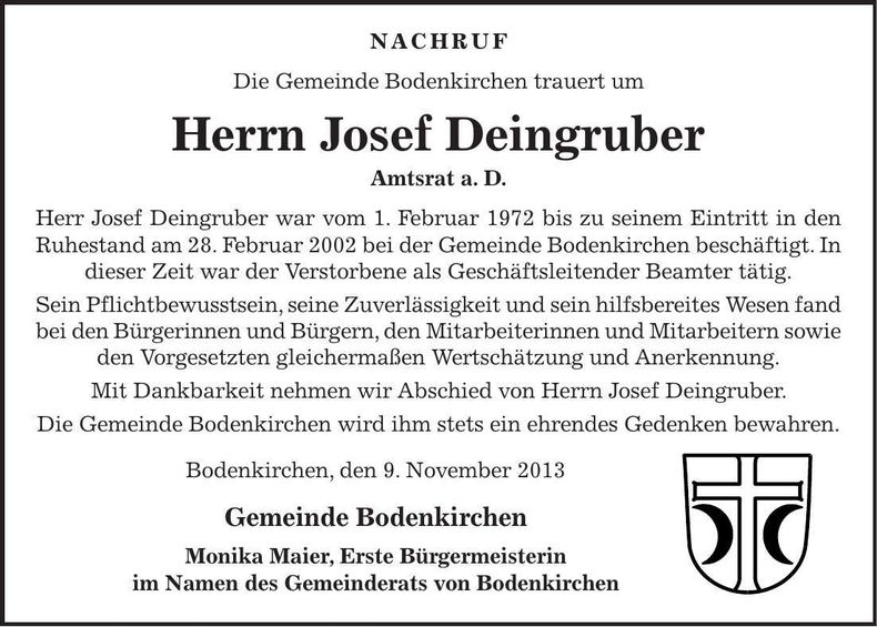 Traueranzeige Josef Deingruber