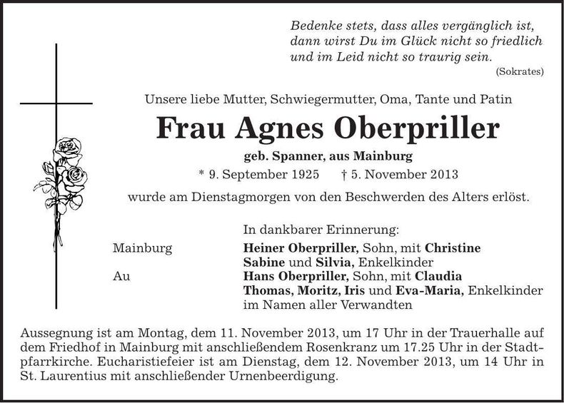 Traueranzeige Agnes Oberpriller