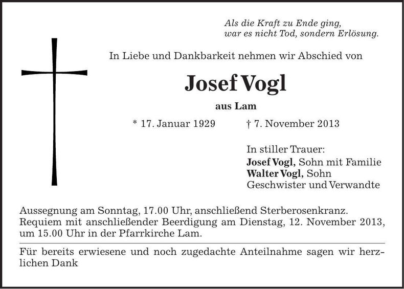 Traueranzeige Josef Vogl