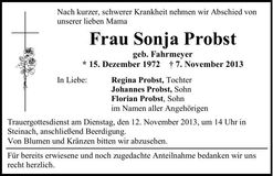 Traueranzeige Sonja Probst