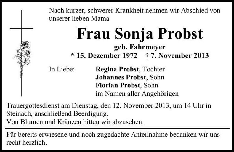 Traueranzeige Sonja Probst