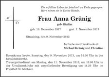 Traueranzeige Anna Grünig