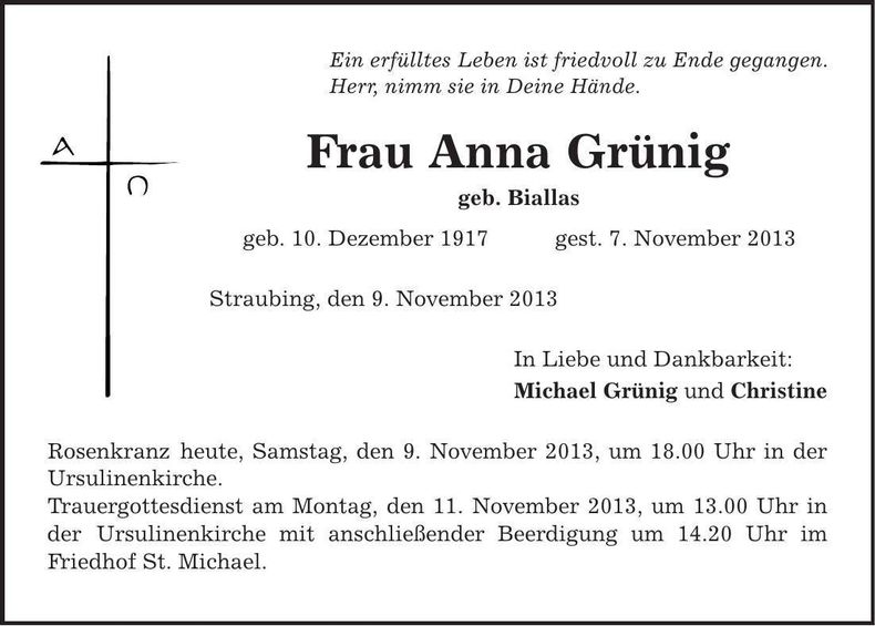 Traueranzeige Anna Grünig