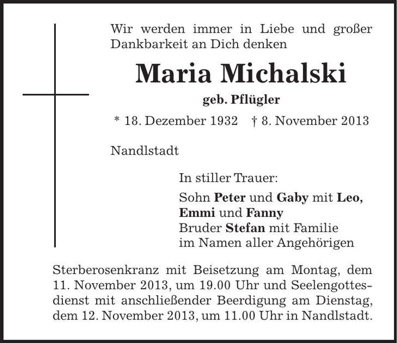 Traueranzeige Maria Michalski